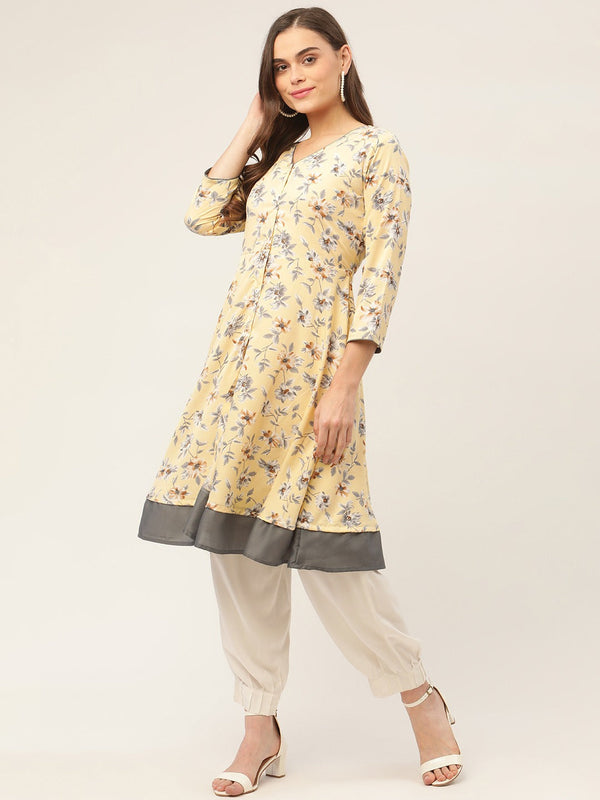 Women's Yellow and White Flared Printed kurta ( JOK 1424 Yellow ) - Jompers