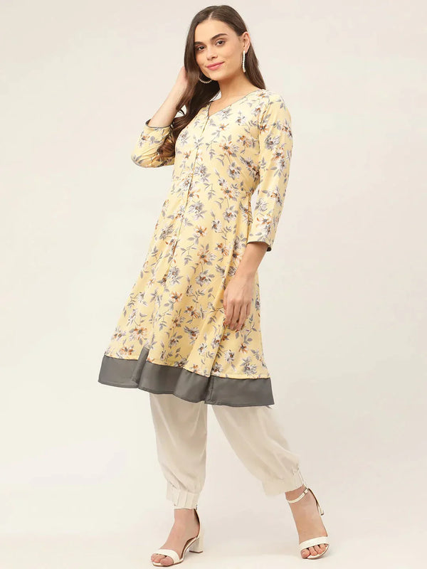 Women's Yellow and White Flared Printed kurta - Taantav