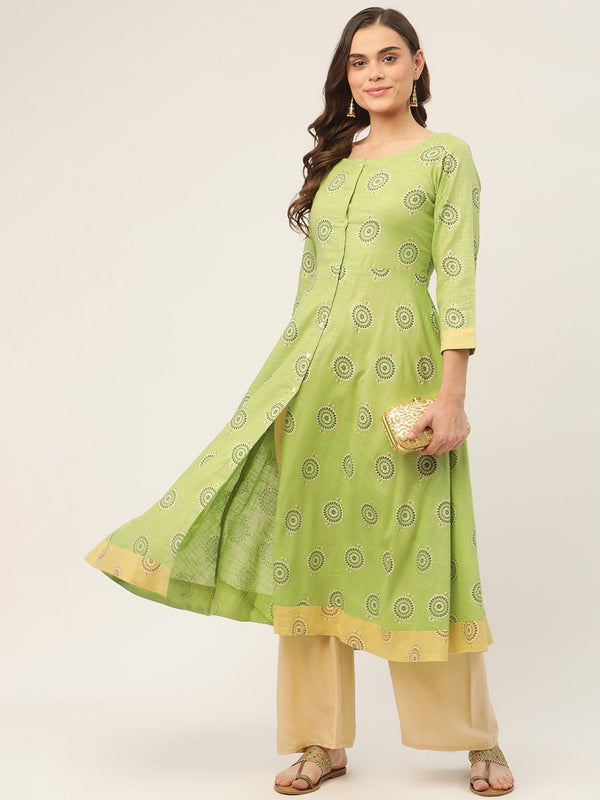 Women Green Cotton Blend Flared Printed kurta