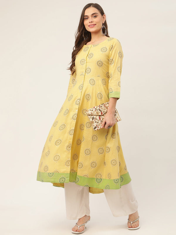 Women Pista Green Cotton Blend Flared Printed kurta