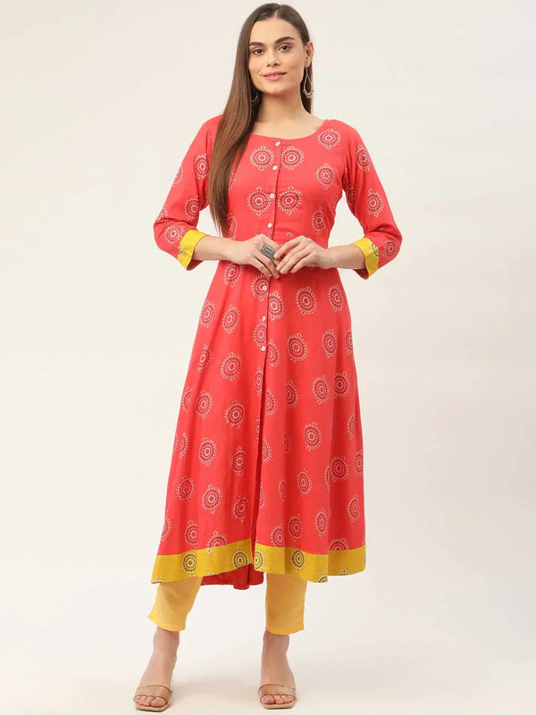 Women's Red and Yellow Cotton Blend Flared Printed kurta - Taantav