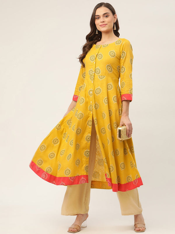 Women Yellow and Red Cotton Blend Flared Printed kurta