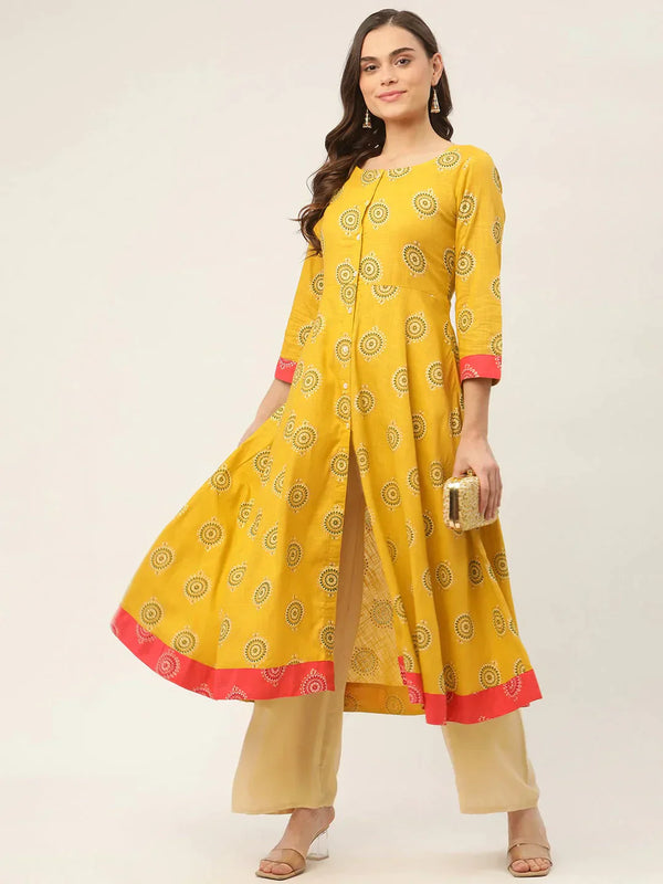 Women's Yellow and Red Cotton Blend Flared Printed kurta - Taantav