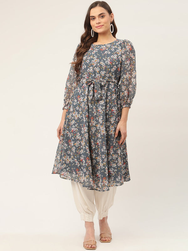 Women Grey & White Georgette Floral Printed Kurta