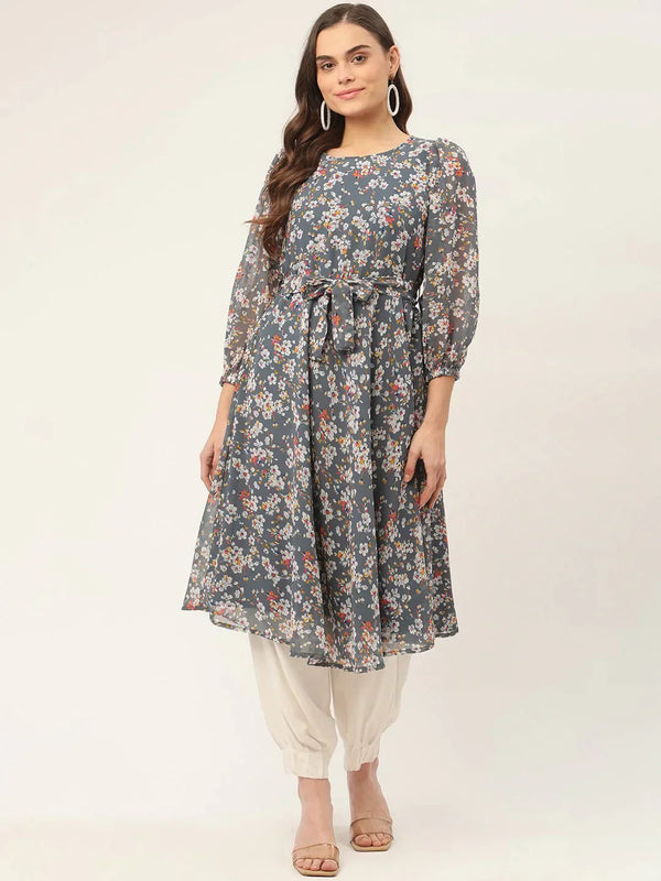 Women's Grey & White Georgette Floral Printed Kurta - Taantav