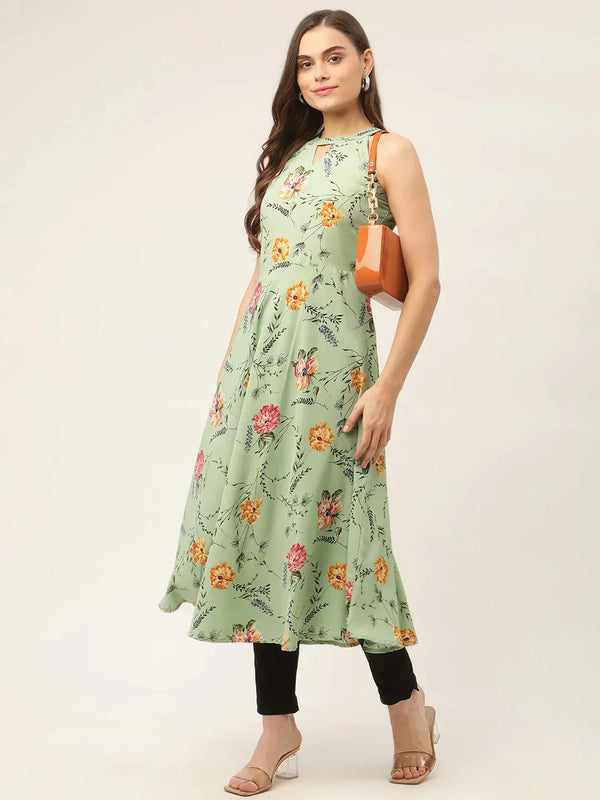 Women's Green Floral Print Anarkali Kurta - Taantav