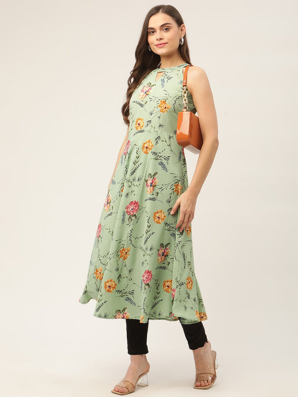 Women Green Floral Print Anarkali Kurta