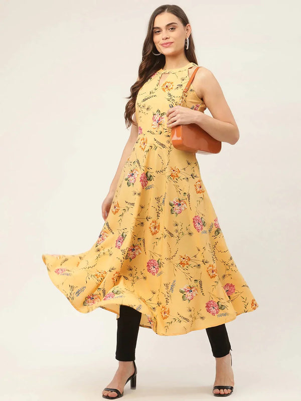 Women's Yellow & Pink Floral Printed Halter Neck Kurta - Taantav