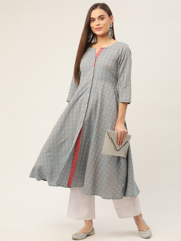 Women Grey & Red Cotton Jacquard Geometric Printed Kurta