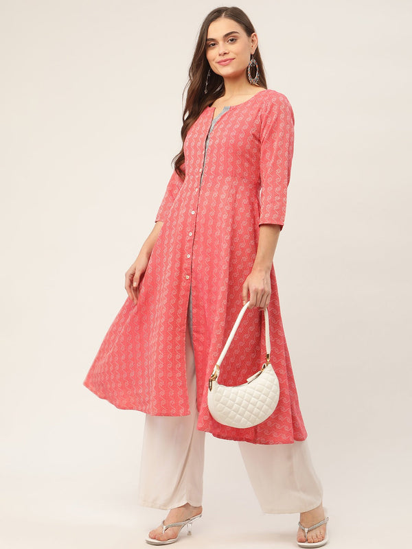 Women Red & Grey Cotton Jacquard Geometric Printed Kurta