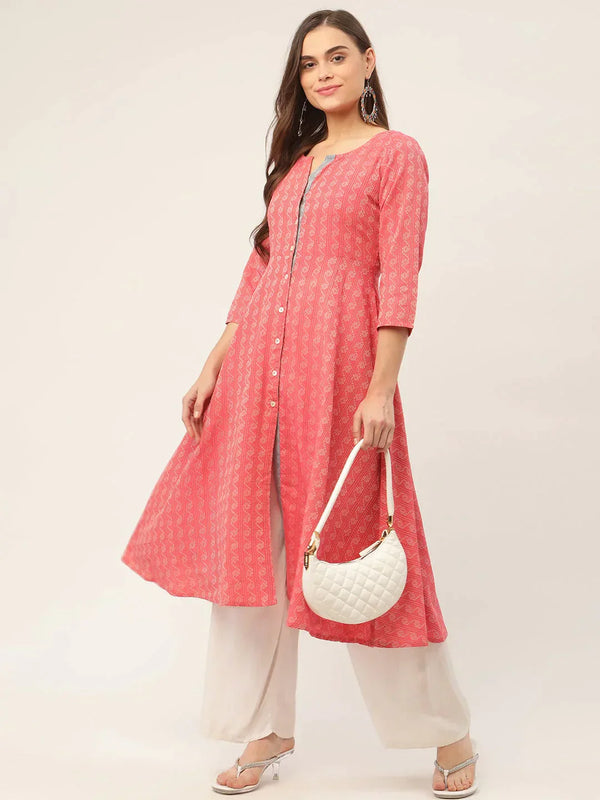 Women's Red & Grey Cotton Jacquard Geometric Printed Kurta - Taantav