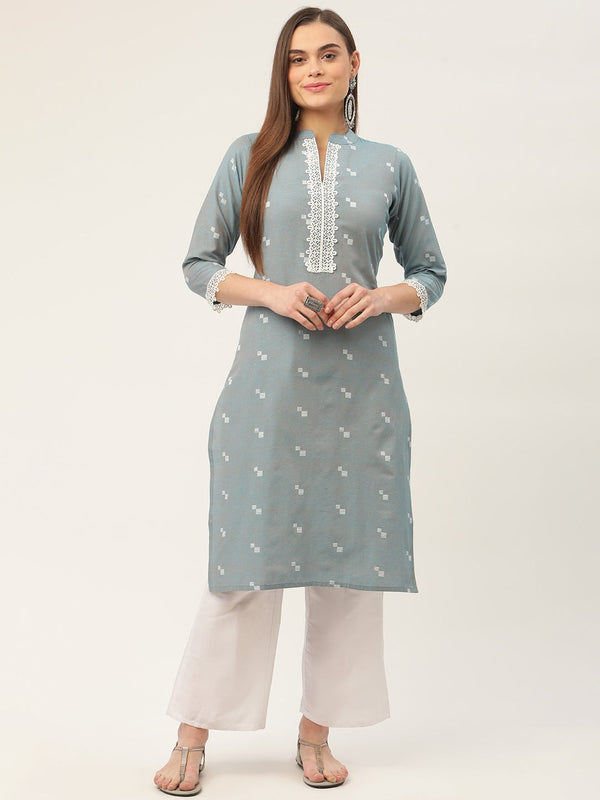 Women Grey Cotton Jacquard Geometric Printed Kurta