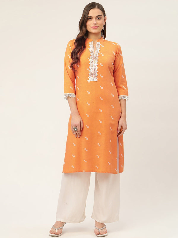 Women Orange Cotton Jacquard Geometric Printed Kurta