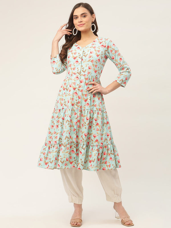 Women Sky Blue Floral Printed Kurtas