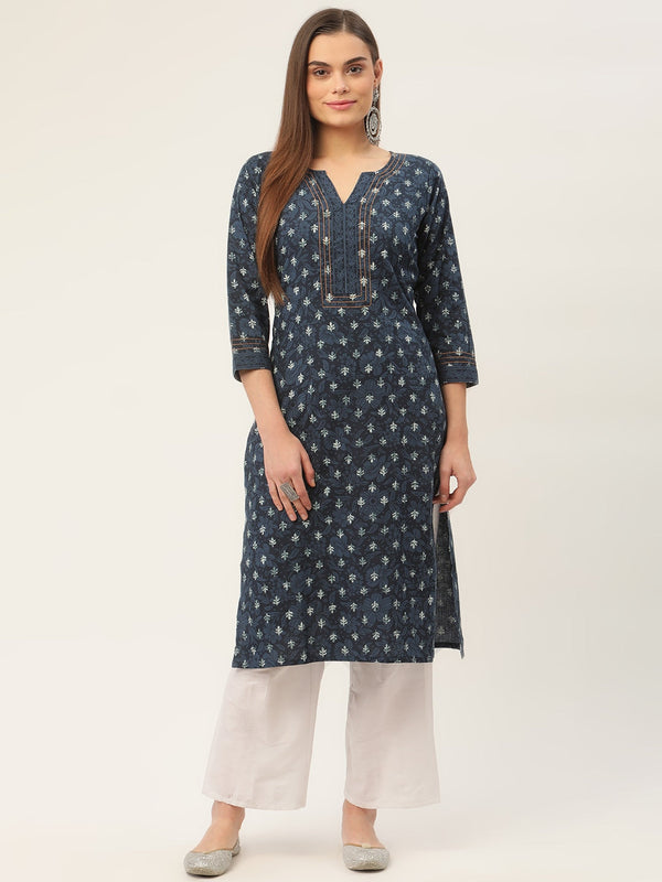 Women Indigo Blue Pure Cotton Floral Printed Kurtas