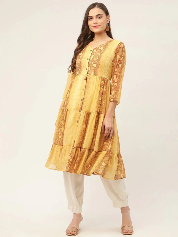 Women's Mustard Georgette Tiger Printed Kurtas - Taantav