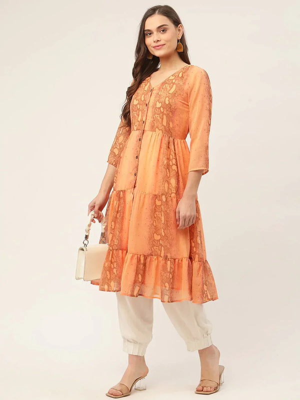 Women's Orange Georgette Tiger Printed Kurtas - Taantav