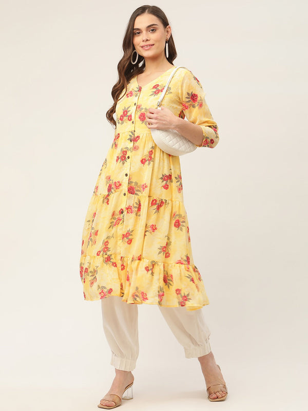 Women Yellow Georgette Floral Printed Kurtas