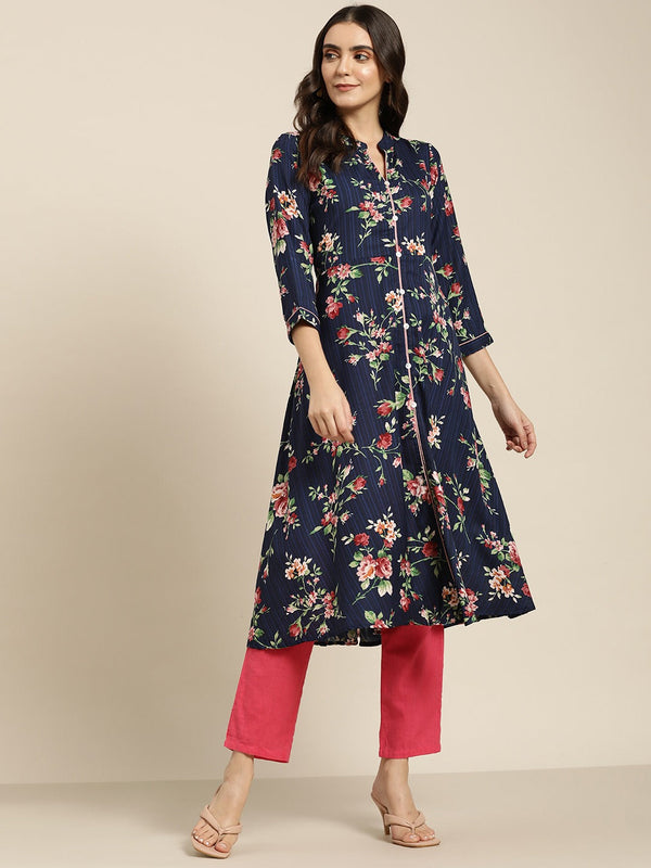 Women Blue & Pink Floral Printed Floral Georgette Anarkali Kurta