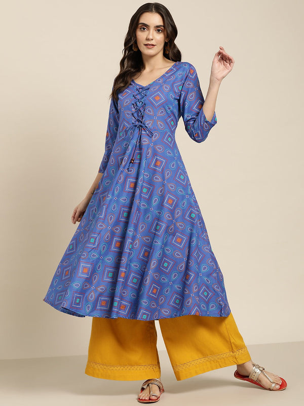 Women Blue Bandhani Printed Anarkali Kurta