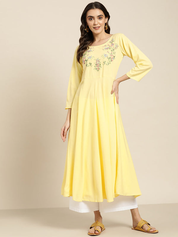 Women Yellow & Green Floral Embroidered Georgette Anarkali Kurta