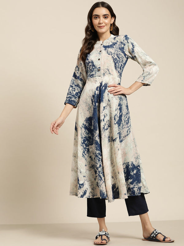 Women Navy Blue & Pink Printed Anarkali Kurta