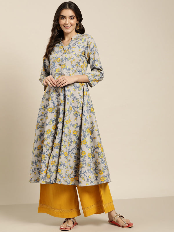 Women Grey and yellow Printed Anarkali Kurta