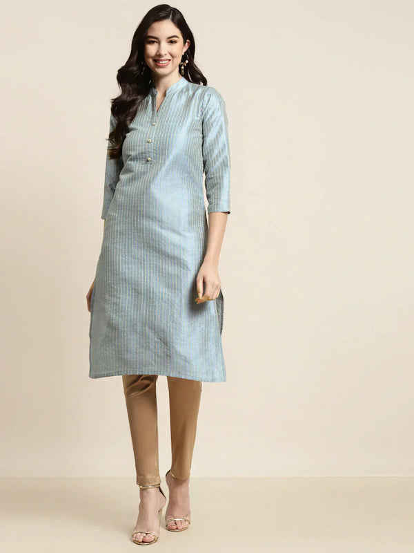 Women's Grey Striped Thread Work Kurta - Taantav