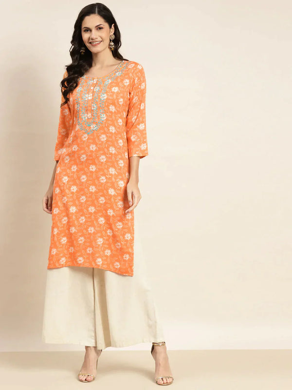 Women's Floral Printed Embroidered Detail Kurta - Taantav