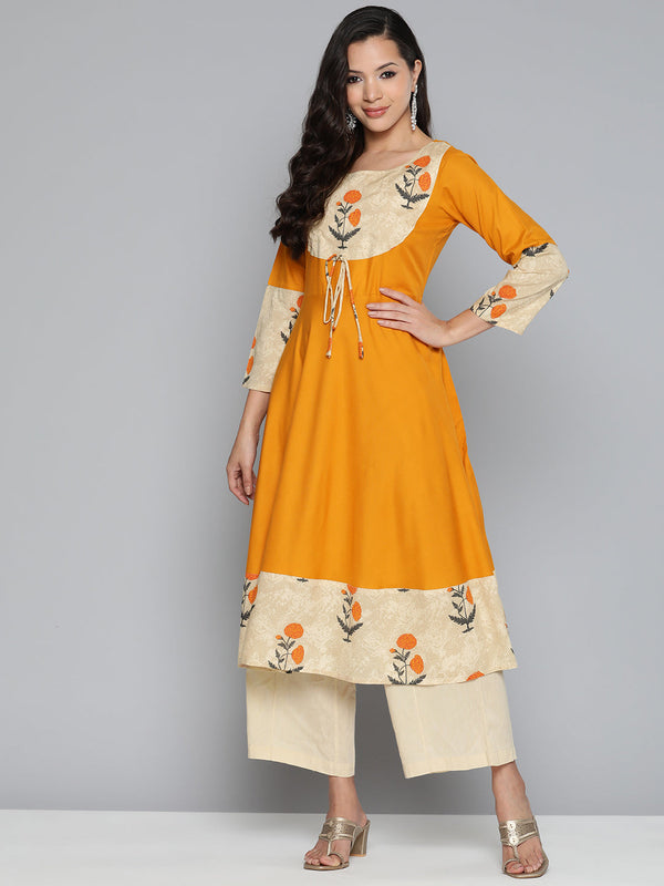 Jashvi Floral Printed Mustard Floral Kurta