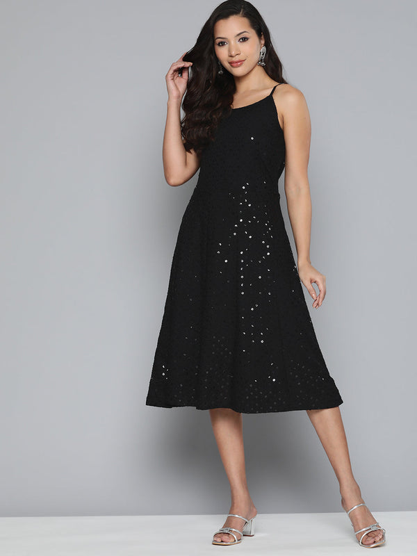 Jashvi Black Floral Sequin Embroidered A-Line Midi Dress