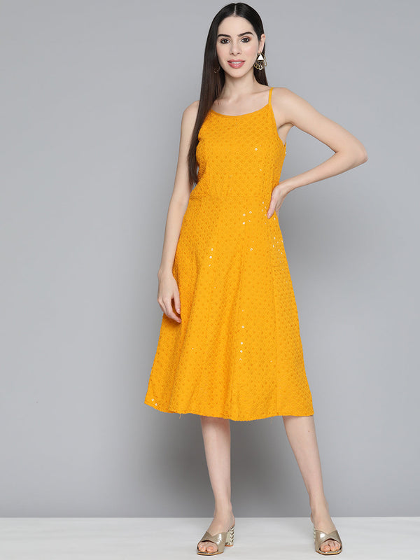 Jashvi Mustard Floral Sequin Embroidered A-Line Midi Dress