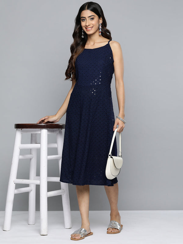 Jashvi Navy Floral Sequin Embroidered A-Line Midi Dress