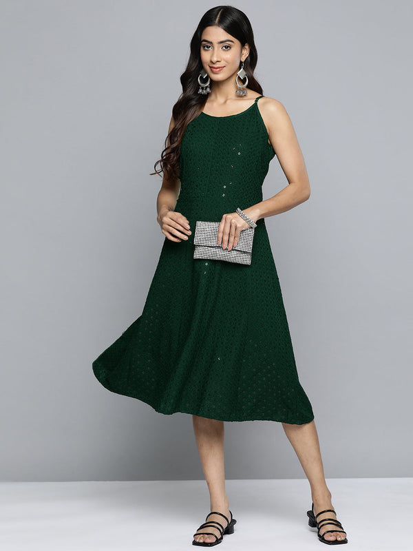 Jashvi Olive Floral Sequin Embroidered A-Line Midi Dress