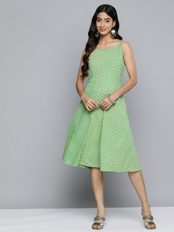 Jashvi Green Floral Sequin Embroidered A-Line Midi Dress