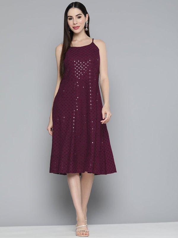 Jashvi Purple Floral Sequin Embroidered A-Line Midi Dress