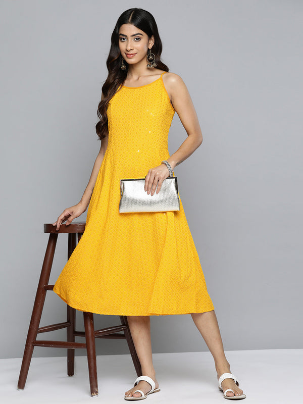 Jashvi Yellow Floral Sequin Embroidered A-Line Midi Dress