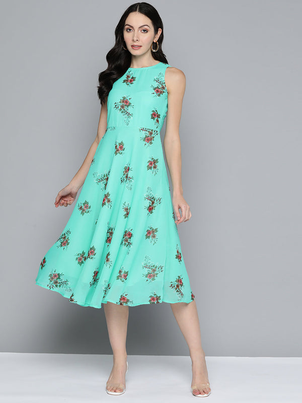 Women's Floral Print Georgette A-Line Midi Dress - Taantav