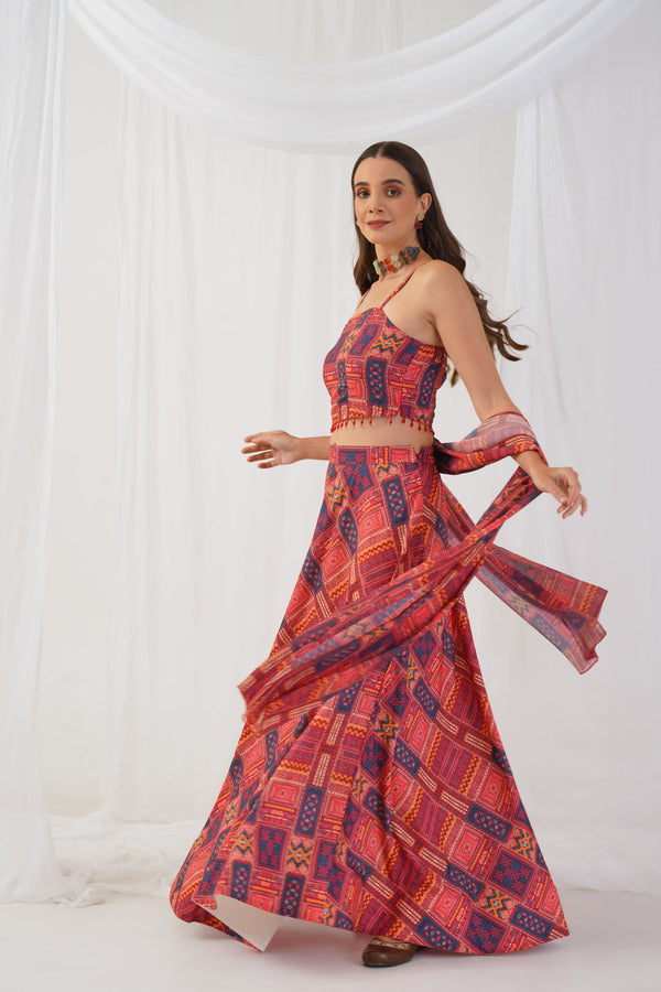 Red Printed Beads & Stones Ready to Wear Lehenga & Blouse With Dupatta