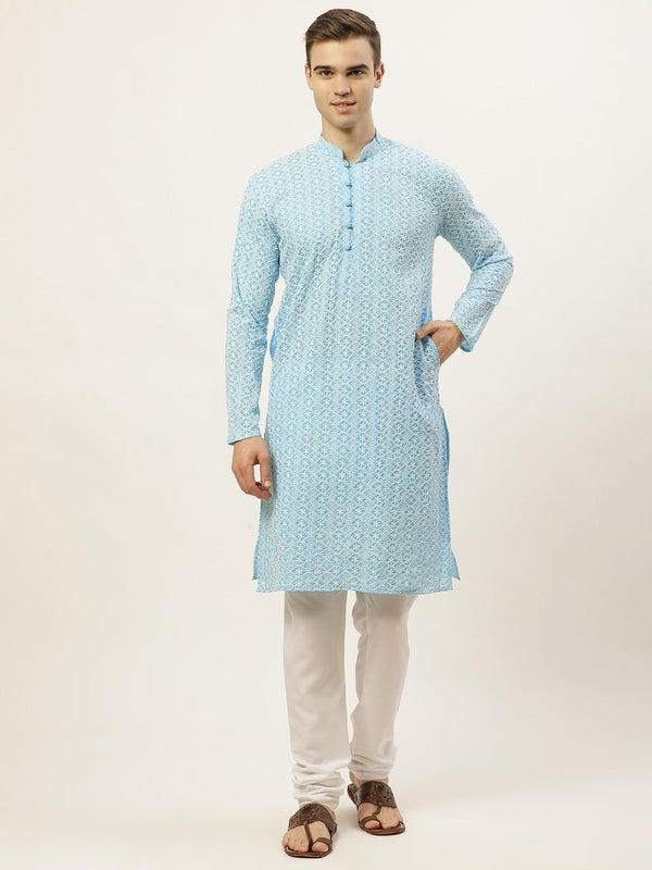 Men's Sky Embroidered Kurta Payjama Sets ( JOKP 626 Sky ) - Virat Fashions