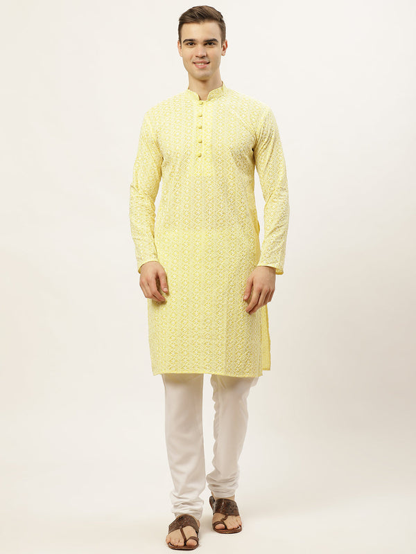 Men's Yellow Embroidered Kurta Payjama Sets ( JOKP 626 Yellow ) - Virat Fashions