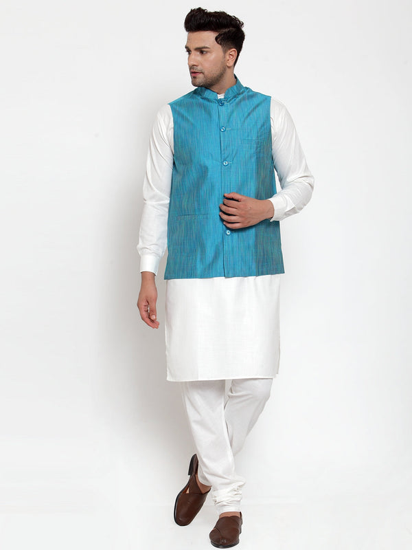 Jashvi Men's White Solid Kurta with Pyjamas & Blue Nehru Jacket