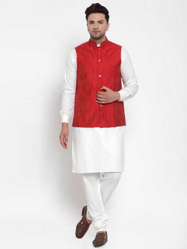 Jashvi Men's White Solid Kurta with Pyjamas & Red Nehru Jacket