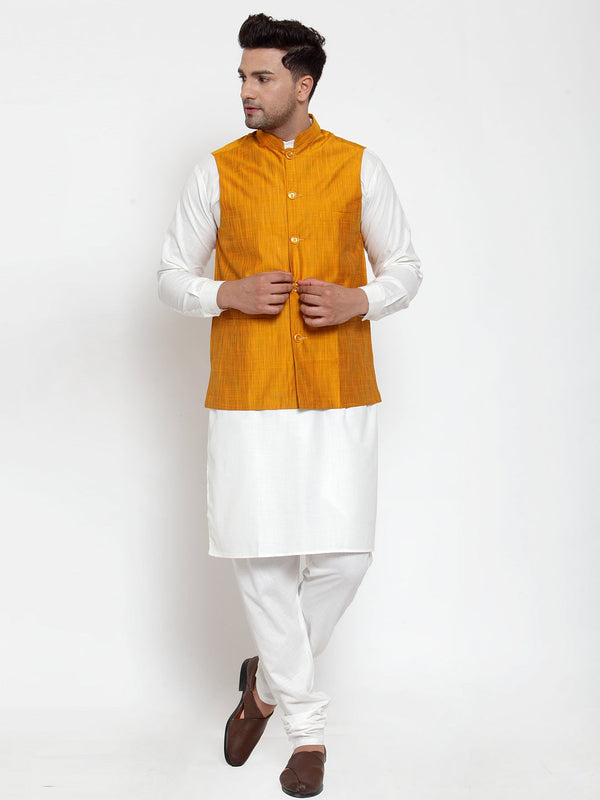 Jashvi Men's White Solid Kurta with Pyjamas & Yellow Nehru Jacket