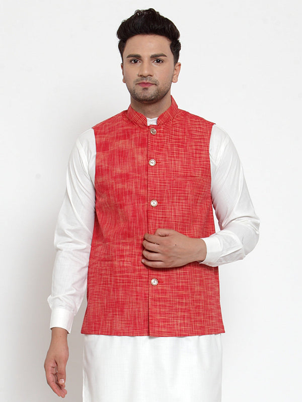 Jashvi Men's Red Woven Design Nehru Jacket