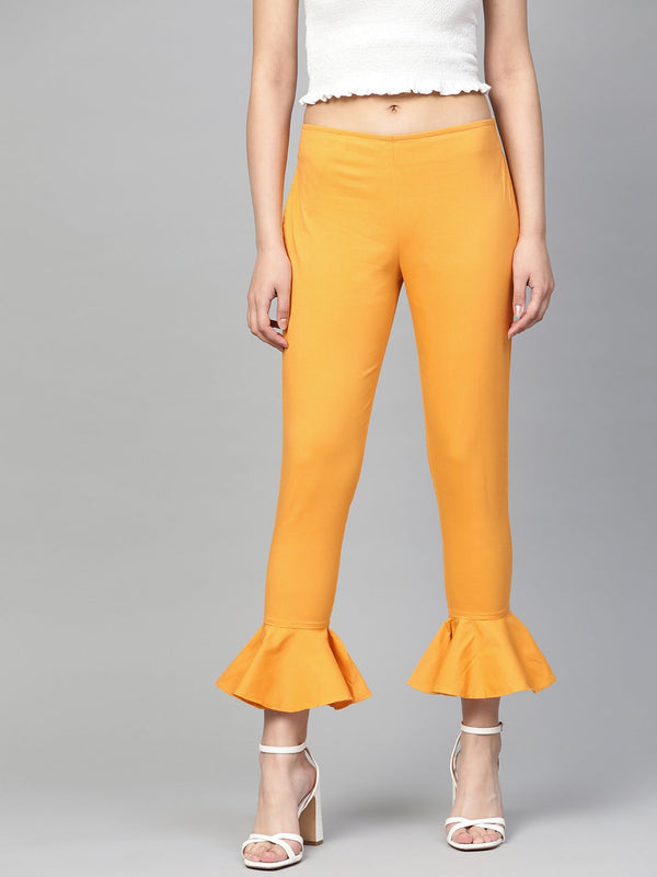 Women's Mustard Smart Fit Solid Bottom Flared Trousers - Jompers