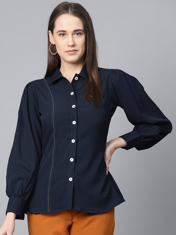 Jashvi Women Navy Blue Regular Fit Crinkled Effect Casual Shirt