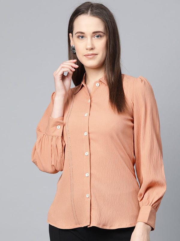 Jashvi Women Peach Regular Fit Crinkled Effect Casual Shirt