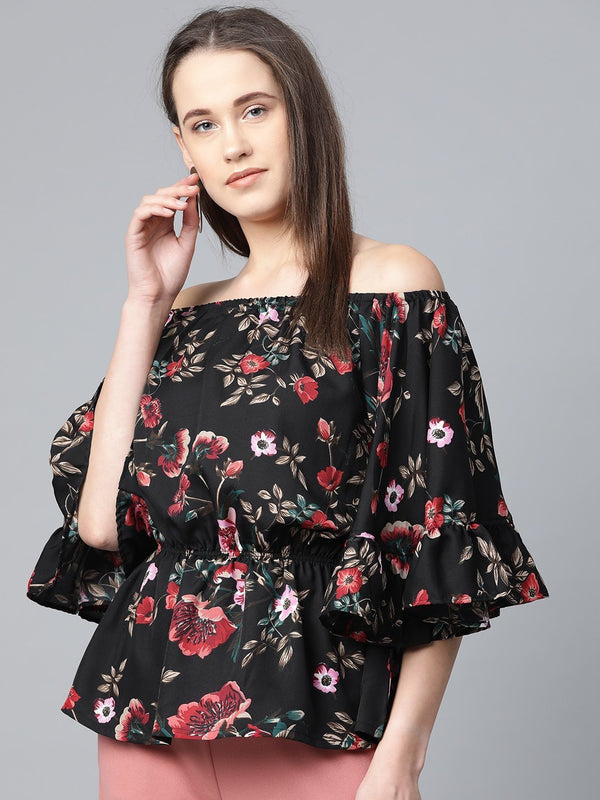 Women's Black Printed Bardot Top - Jompers