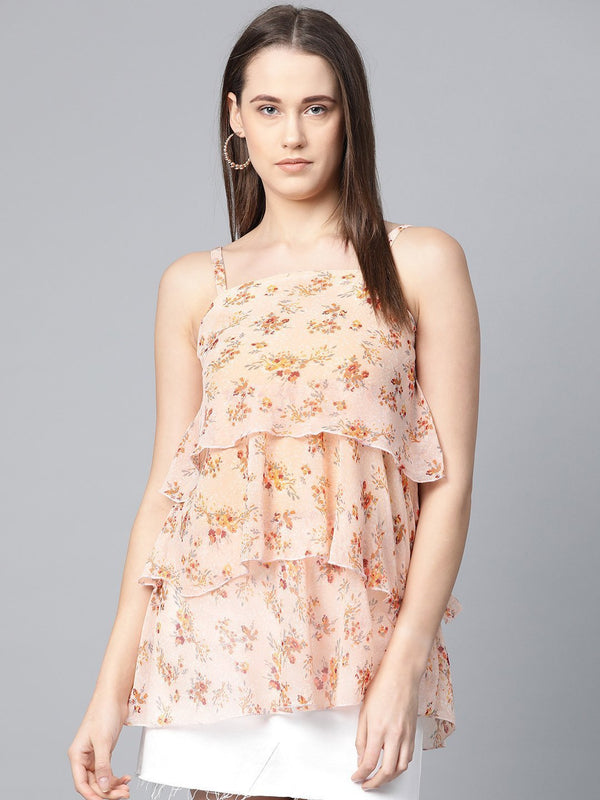 Women's Peach Coloured & Grey Printed Tiered Top - Jompers